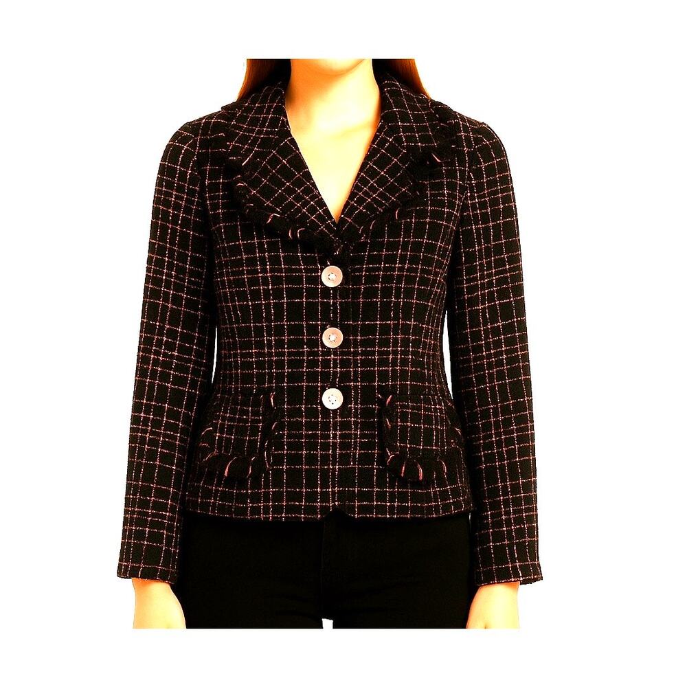 Vintage Y2K Pink Black Boucle Tweed Knit Cropped Blazer M Career Office Preppy